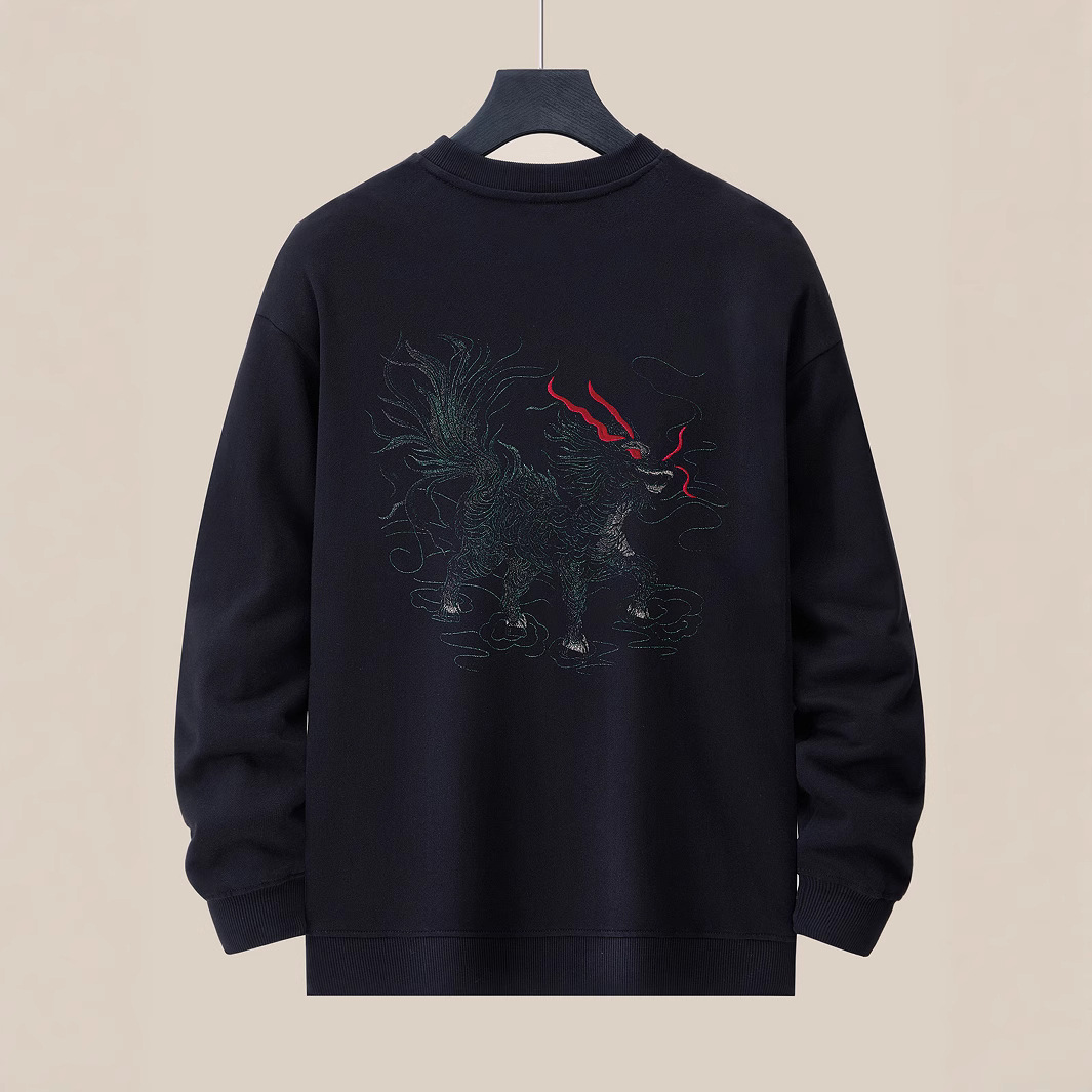 New autumn and winter men's round-neck hoodie, embroidered plus-size men's jacket, national trend Qilin top, pure cotton loose fashion brand
