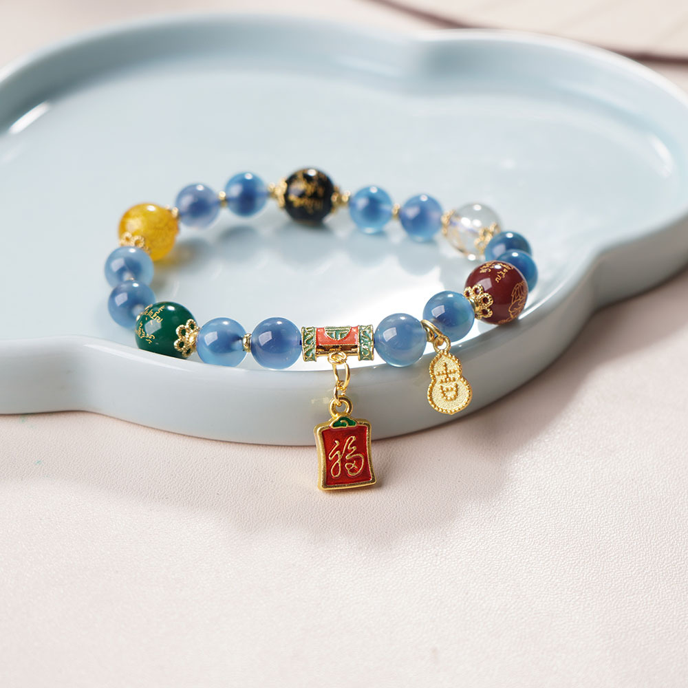 Beijing's same style of incense ash semi-sugar glass bracelet, peace lock, wealth attraction buckle, agate bracelet, couple handcrafted crystal jewelry Specification image