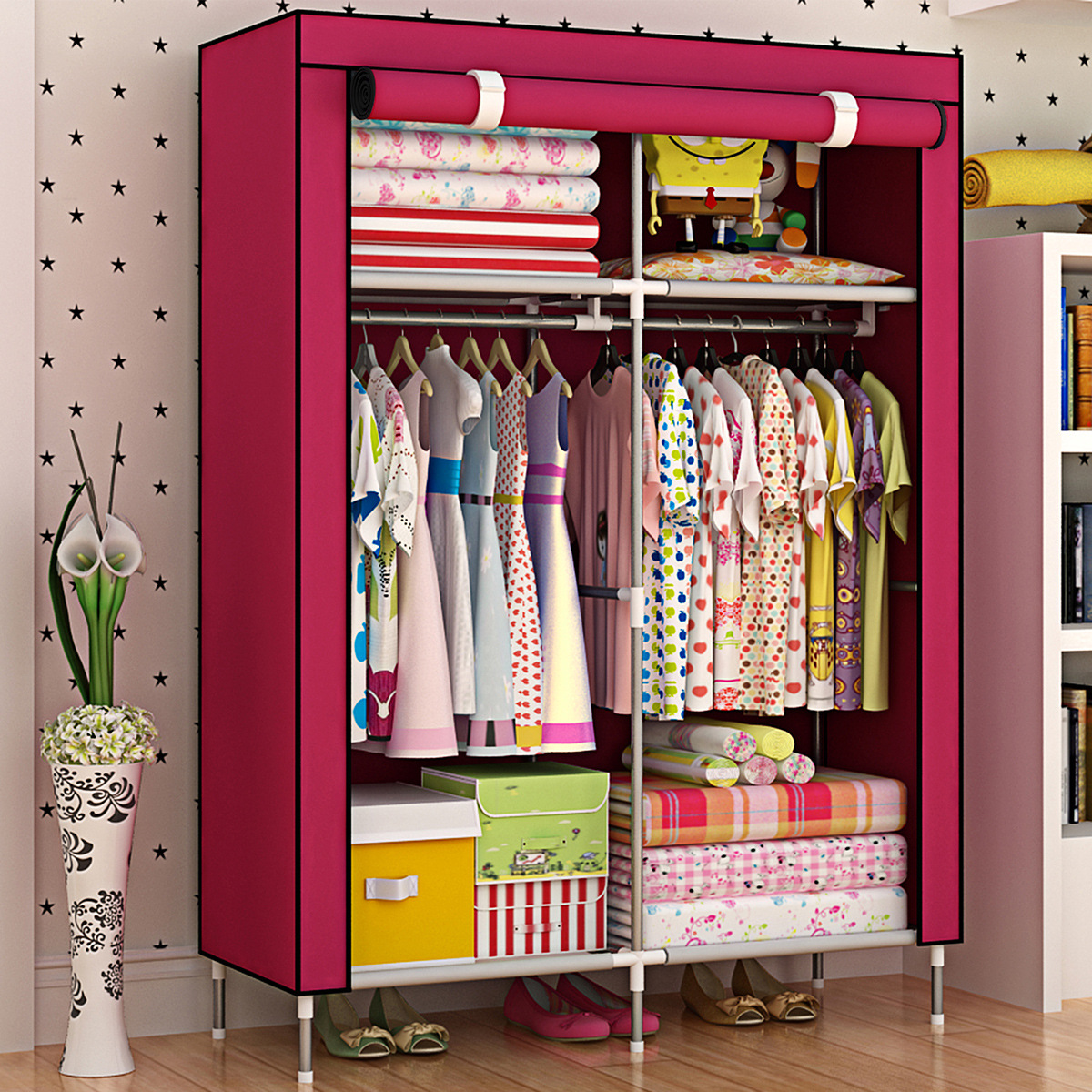 Economical baby clothes storage and organization for rental house, non-woven fabric moisture-proof steel pipe simple thickened and thickened fabric wardrobe details Picture