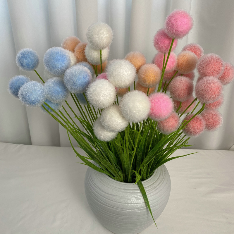 Simulated 5-fork pom-pom flocked leaves, wedding hall, cute style, home decoration, dining table, flower arrangement, accessories and ornaments Specification image