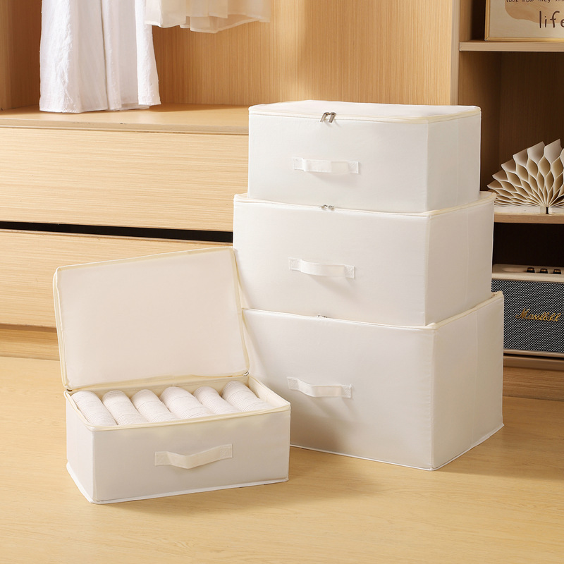 Zipped off-white cotton and linen clothing storage box, foldable storage box, large-capacity quilt and clothing sorting box details Picture