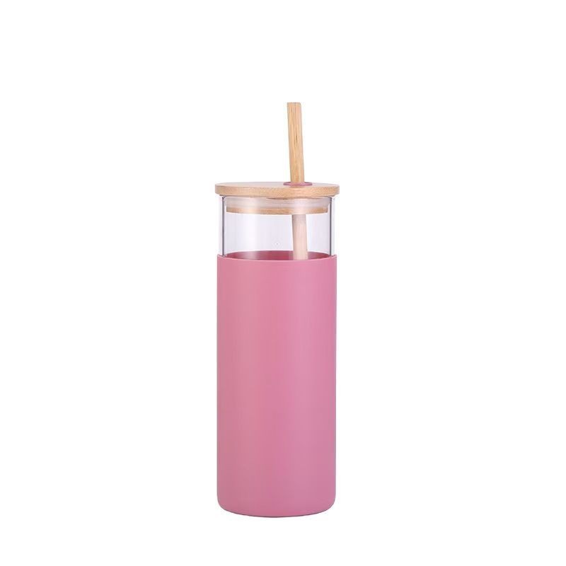 Crossover amazon resistente a altas temperaturas vaso de borosilicato de vidrio aislante manga de copa de silicona con tapa de bambú copa de pajita logotipo impreso Item Picture