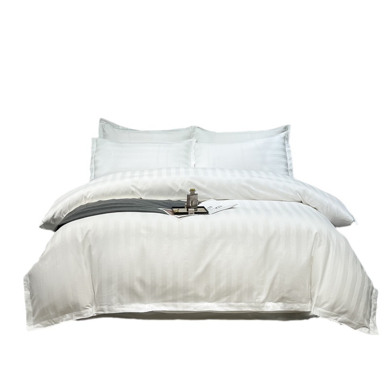 Light luxury satin hotel bedding, white ecological brushed four-piece set, hotel guest bed cover, bed sheet and bed hat style Item Picture
