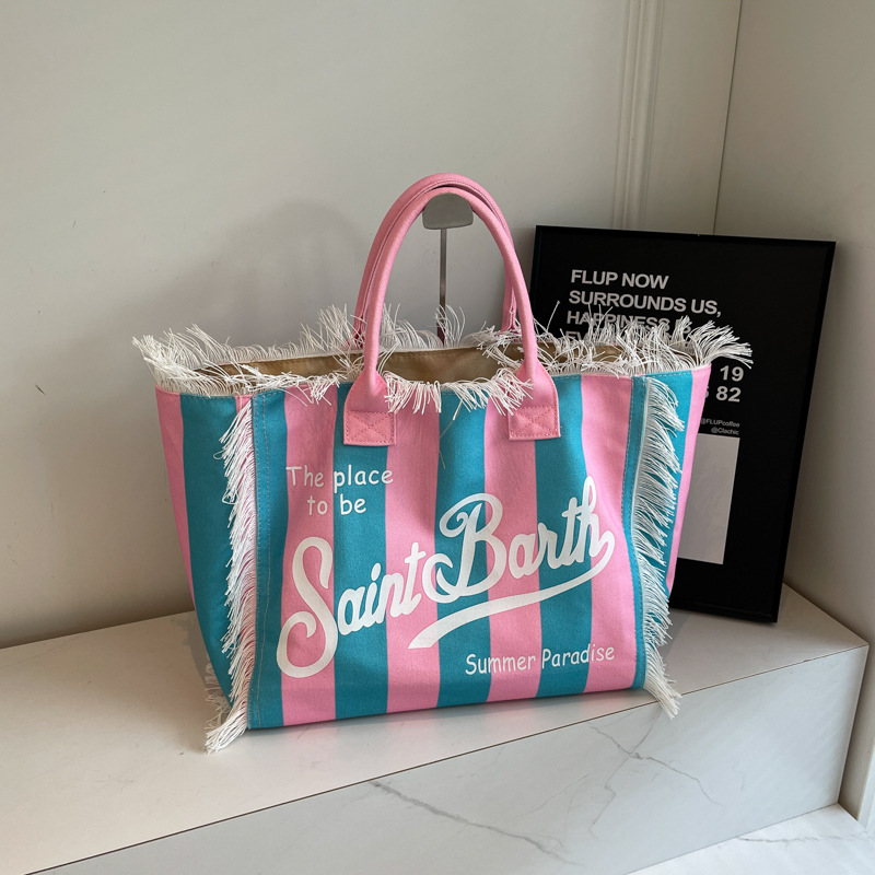 Cross-border canvas bag, printed letter canvas bag, large-capacity canvas tote bag, simple commuting lady single-shoulder bag, European and American beach bag, fringed canvas bag, tote bag, single-shoulder bag, canvas bag