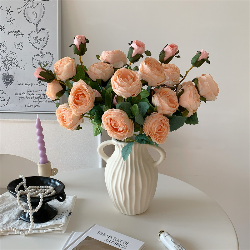 欧式烤边5头玫瑰花仿真花假花花束家居客厅装饰婚庆布景插花批发
