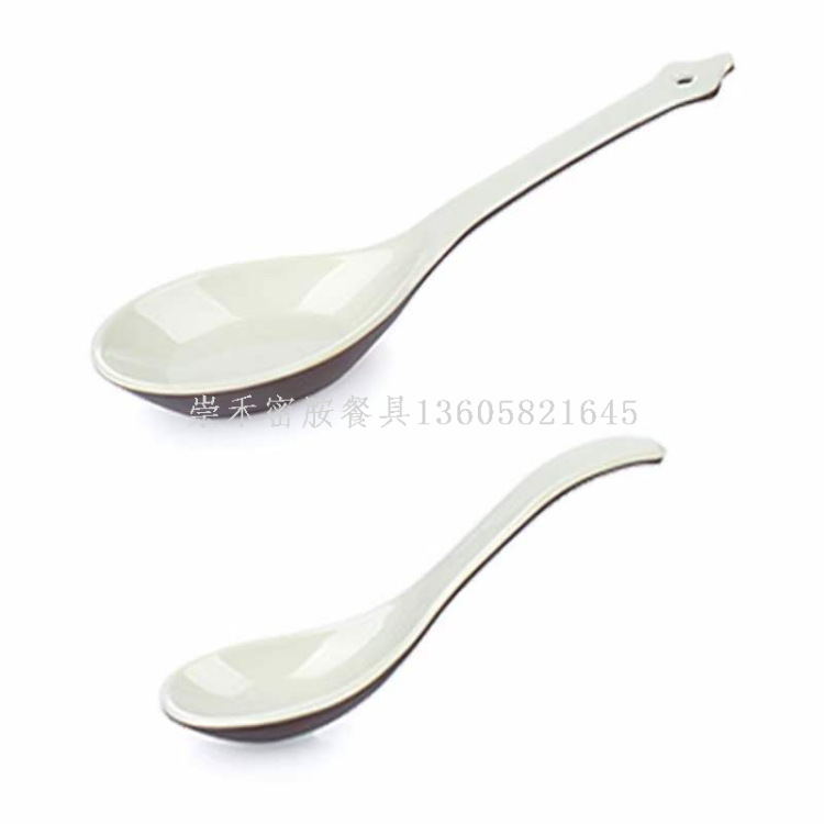 Melamine tableware, brown and white two-color soup spoons, rice spoons, water cups and tea cups, A5 material melamine spoons and cups series details Picture