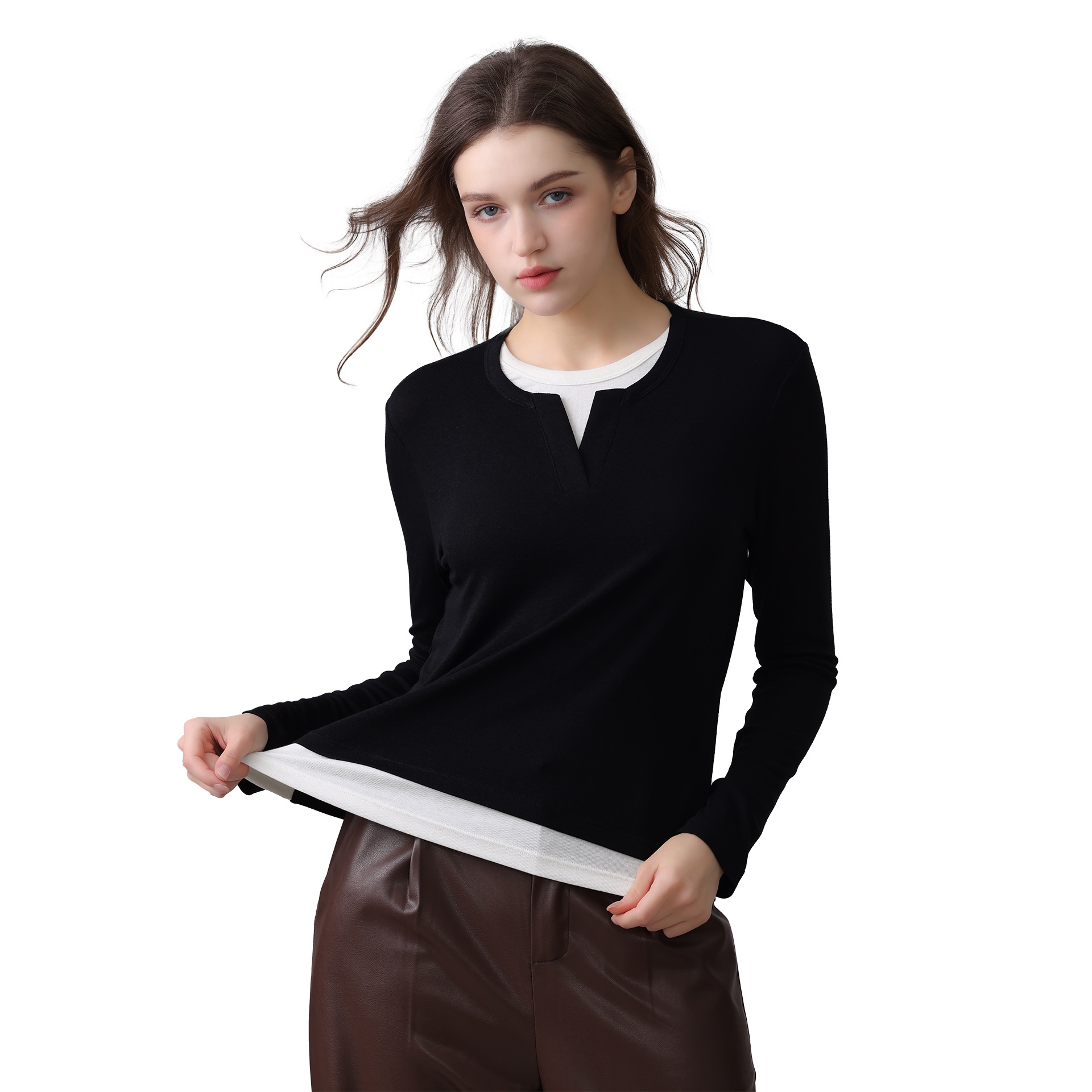 Two pieces of acetate wool base layer for women with round collars and contrasting colors, two pieces of underwear for women, two pieces of knitted top for women Item Picture