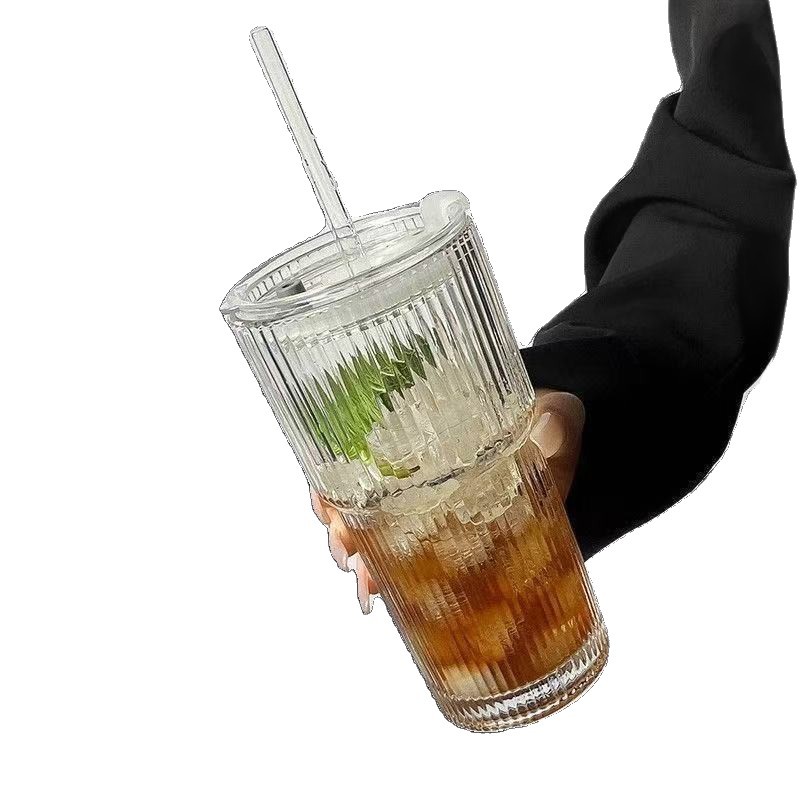 冷饮杯高颜值果汁咖啡杯带盖带吸管竖条纹ins风大容量玻璃杯水杯白底实物图