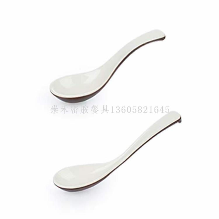 Melamine tableware, brown and white two-color soup spoons, rice spoons, water cups and tea cups, A5 material melamine spoons and cups series Specification drawing