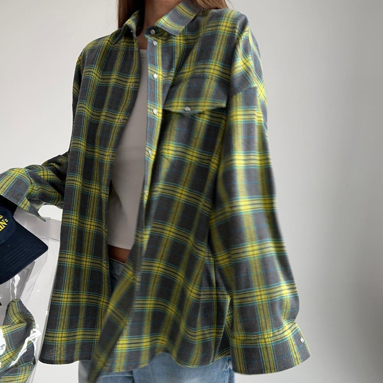 Amazon cross-border retro style versatile lapel loose shirt 2023 autumn plaid long-sleeved pocket women's shirt