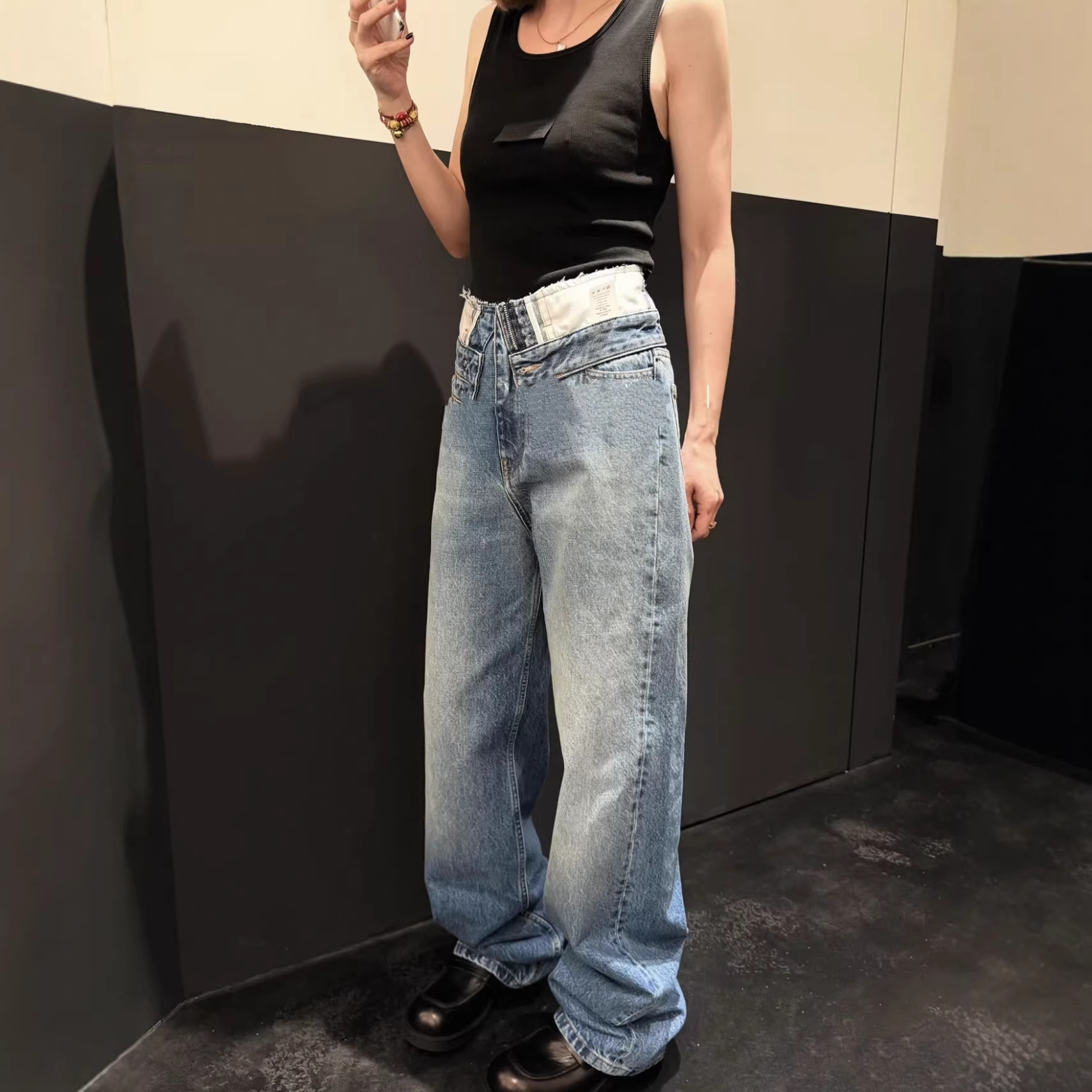 M6 2026早春新款M6高腰翻裤头阔腿牛仔裤女宽松显瘦百搭水洗长裤