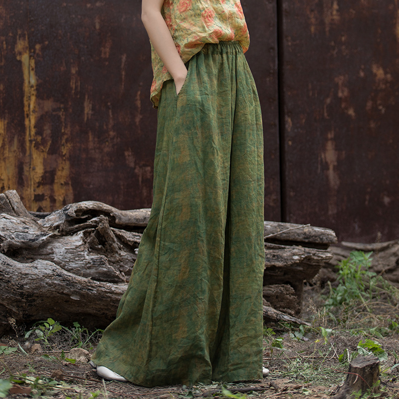 Spring ramie vintage casual pants, cotton and linen women's wide-leg pants with drape, floor-length high-waisted slimming skirt pants wholesale details Picture