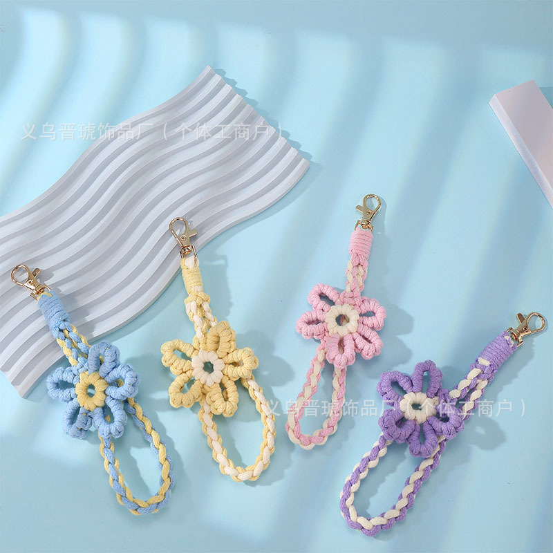 Wholesale of cross-border handcrafted wrist woven flower mobile phone keychain lanyards, rural feng shui cup lifting lanyards, bag pendants Specification image