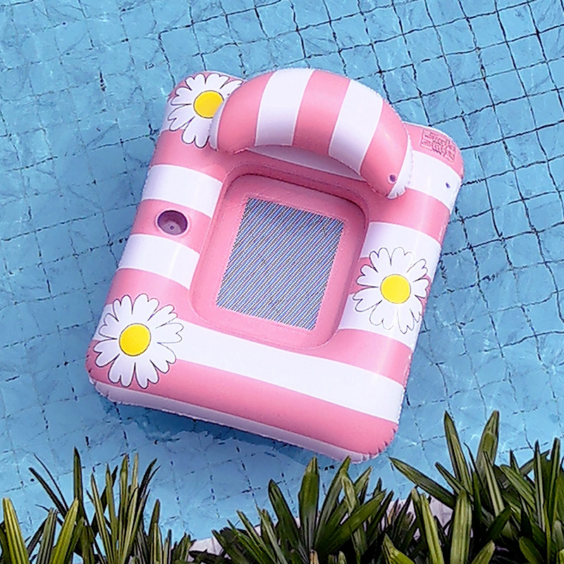 A water lounge chair with a retro striped floral print backrest that has become a popular adult, a floating bed with a cup of water and a drink Application Scenario