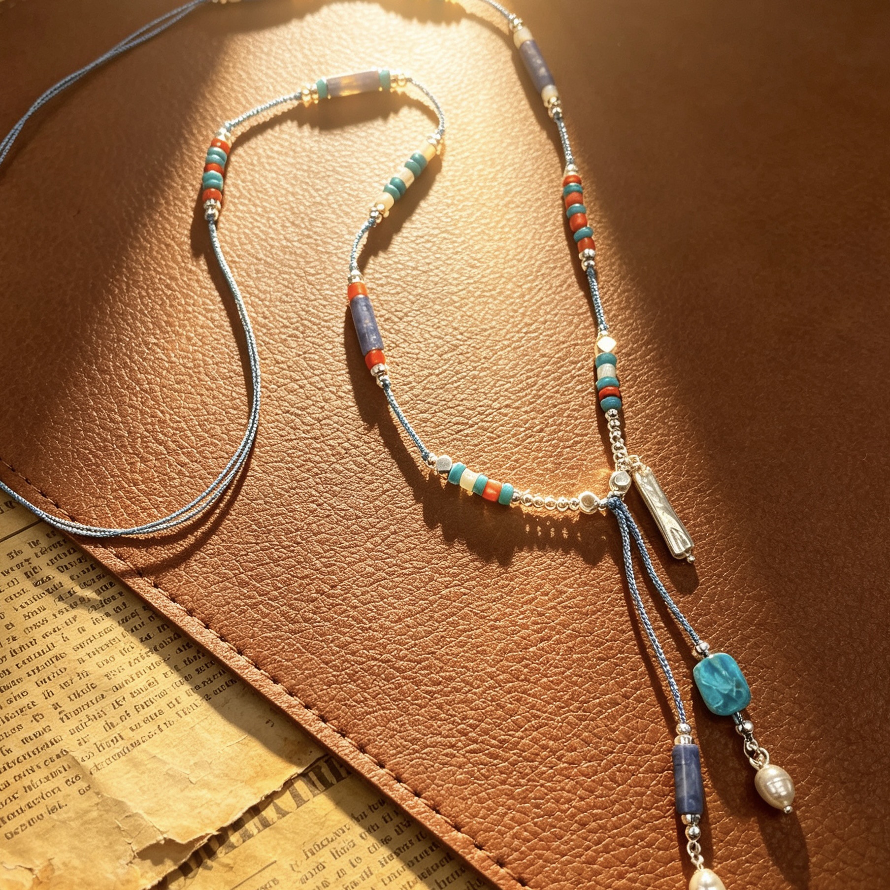 Ethnic-style colorful beaded woven necklace, retro color-blocking stone pearl tassel pendant, artistic and niche wholesale details Picture