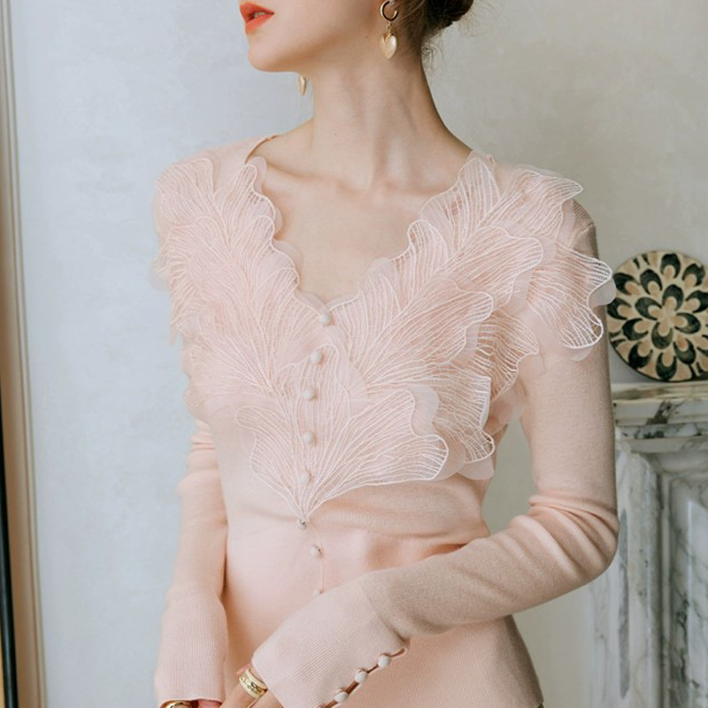 Pink feather cotton blended knitted sweater base layer for women, new Spring 2025 lace long-sleeved top Specification image