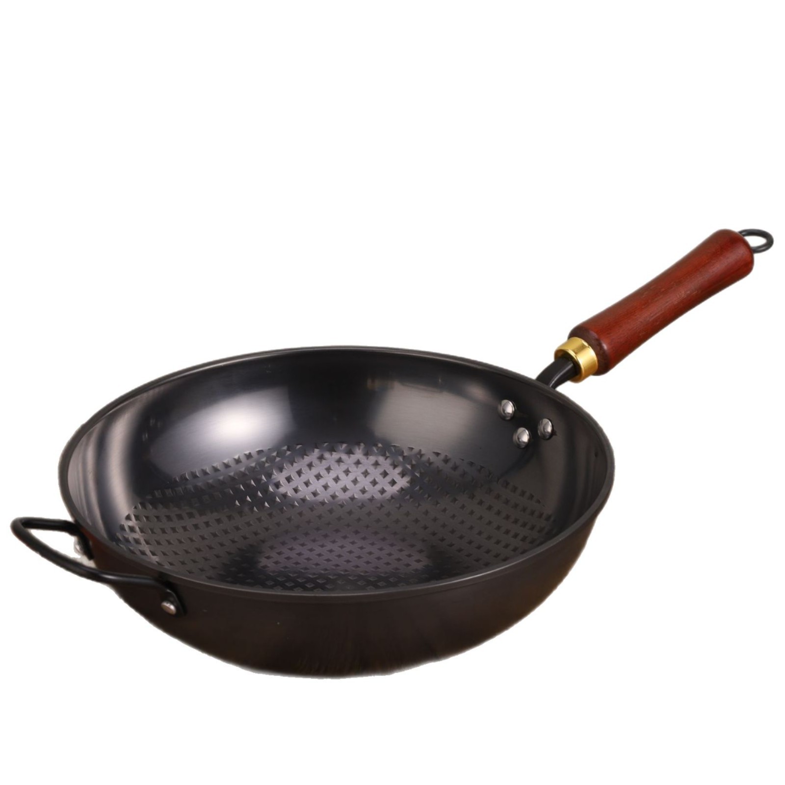 A traditional stir-frying pot with ears, a fine iron wok for kitchen use, an old-fashioned round bottom wok without coating, with a glass lid and non-stick Item Picture