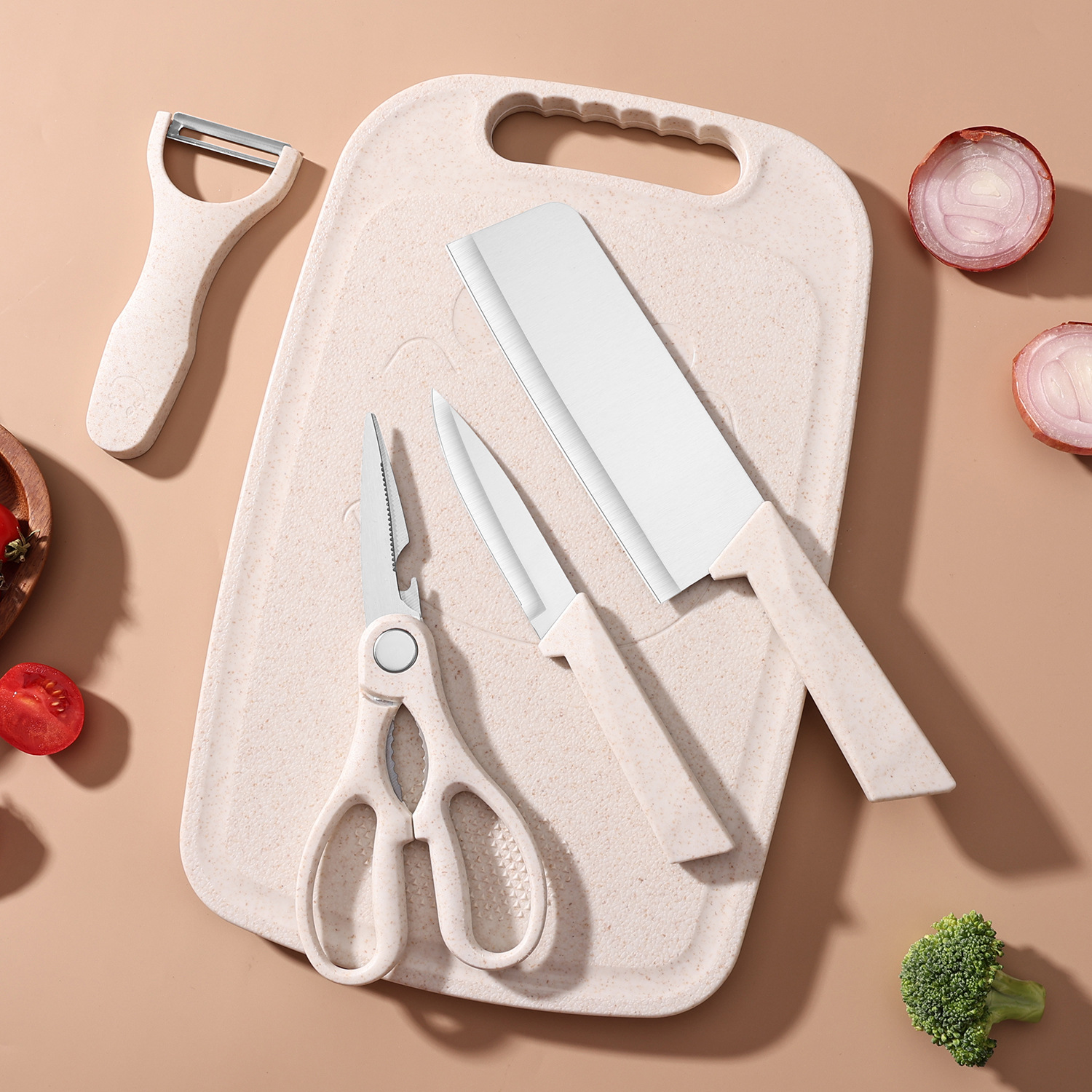 A set of 5-piece wheat straw cutting board, fruit knife, chopping board, kitchen knife and scissors, and a complete set of multi-functional kitchen knives details Picture