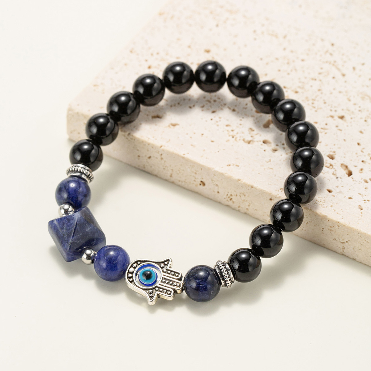 Fatima's Hand Obsidian + blue jasper pyramid bracelet bracelet from Europe and America, suitable for both men and women