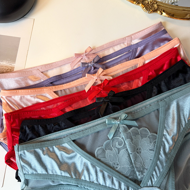 New French light luxury pearlescent satin women's underwear, light and comfortable, lace sexy cutout low-waist comfortable underwear details Picture