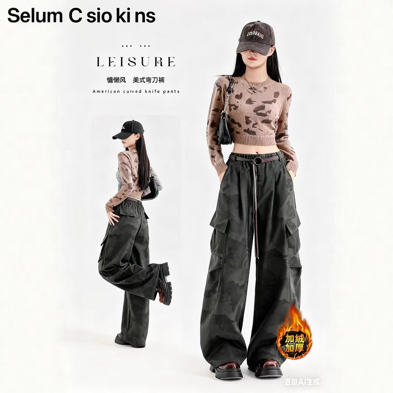 美式复古辣妹宽松加绒工装裤秋冬休闲阔腿裤户外伞兵冲锋裤批发