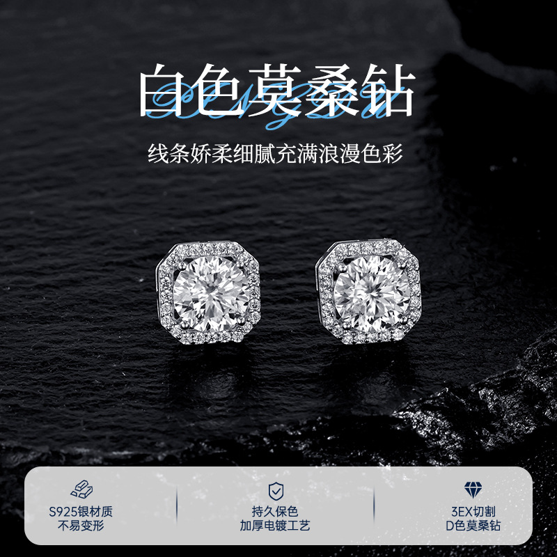 S925 sterling silver, exquisite and super shiny, one-carat square Mosan earrings, versatile and high-end, a niche sugar ear stud details Picture