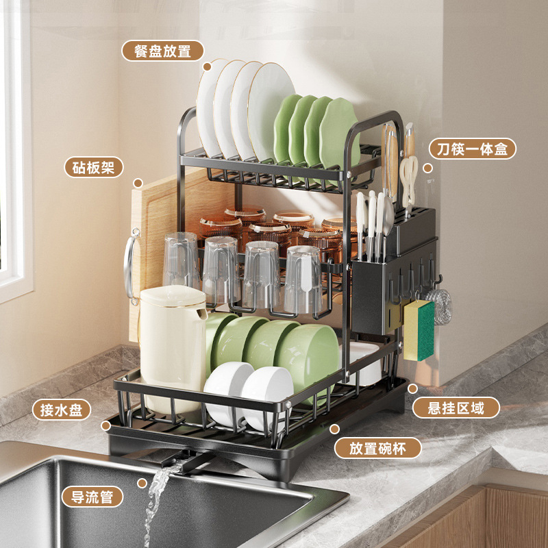 Amazon Cross-border kitchen draining dish rack, multi-functional kitchen storage rack, countertop storage rack, knife and chopstick organization rack Application Scenario