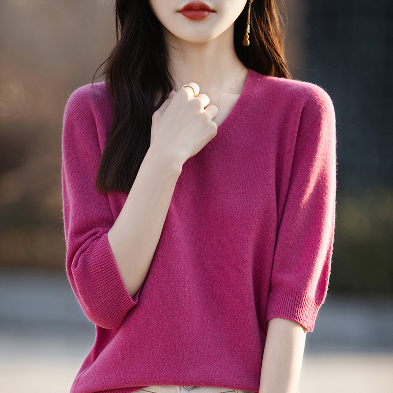 V-neck sweater, short-sleeved women's solid color half-sleeved loose pullover knitted base layer, Spring 25 new first-line ready-to-wear T-shirt Specification image