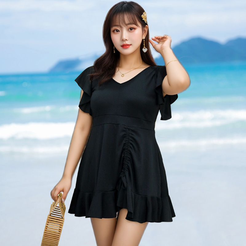 Plus-size swimsuit for women in solid color, conservative and slimming, with a large chest and a gathering two-piece set. Hot spring swimming suit for chubby girls -092630 Specification image