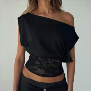 YL25373 European and American style sexy lace patchwork off-the-shoulder top 2026 Autumn new solid color corset base layer full figure