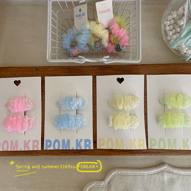 New Korean-style colorful organza children's hair clips, handcrafted pearl rhinestone bye-bye-bye-bye-bye-baby sweet matching hair bands details Picture