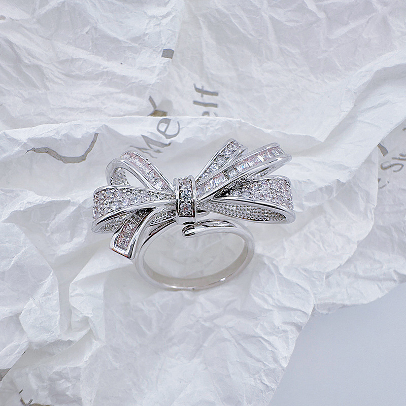 柏伶饰品新款满钻蝴蝶结戒指女式时尚锆石高级感开口戒个性活口戒