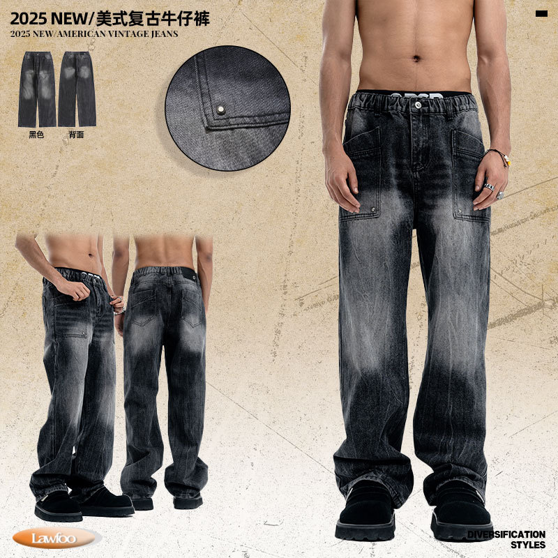 LAWFOO美式复古高街牛仔裤男女水洗做旧宽松阔腿直筒潮牌高街裤子图