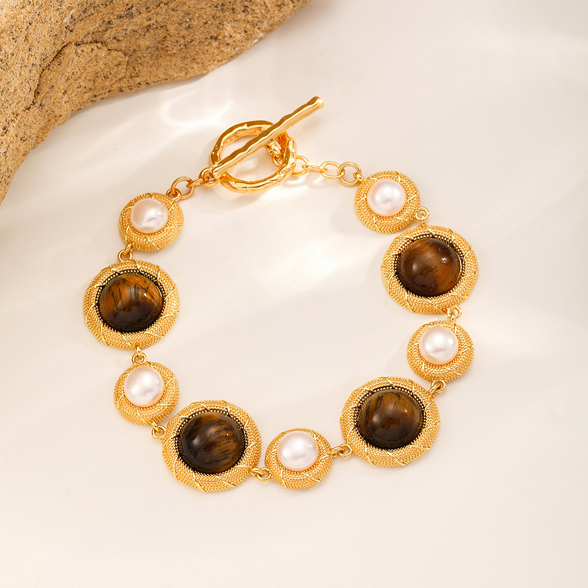 Nasha Cross-border Exclusive Maillard color series freshwater pearl tiger's eye stone necklace and earring Set Autumn and Winter jewelry set Specification image