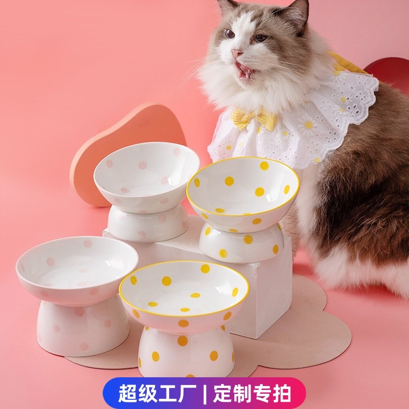 Customized Hepburn-style polka dot cat bowl, ceramic high-legged spine protection pet bowl, slanted cat basin, easy-to-clean ceramic food bowl