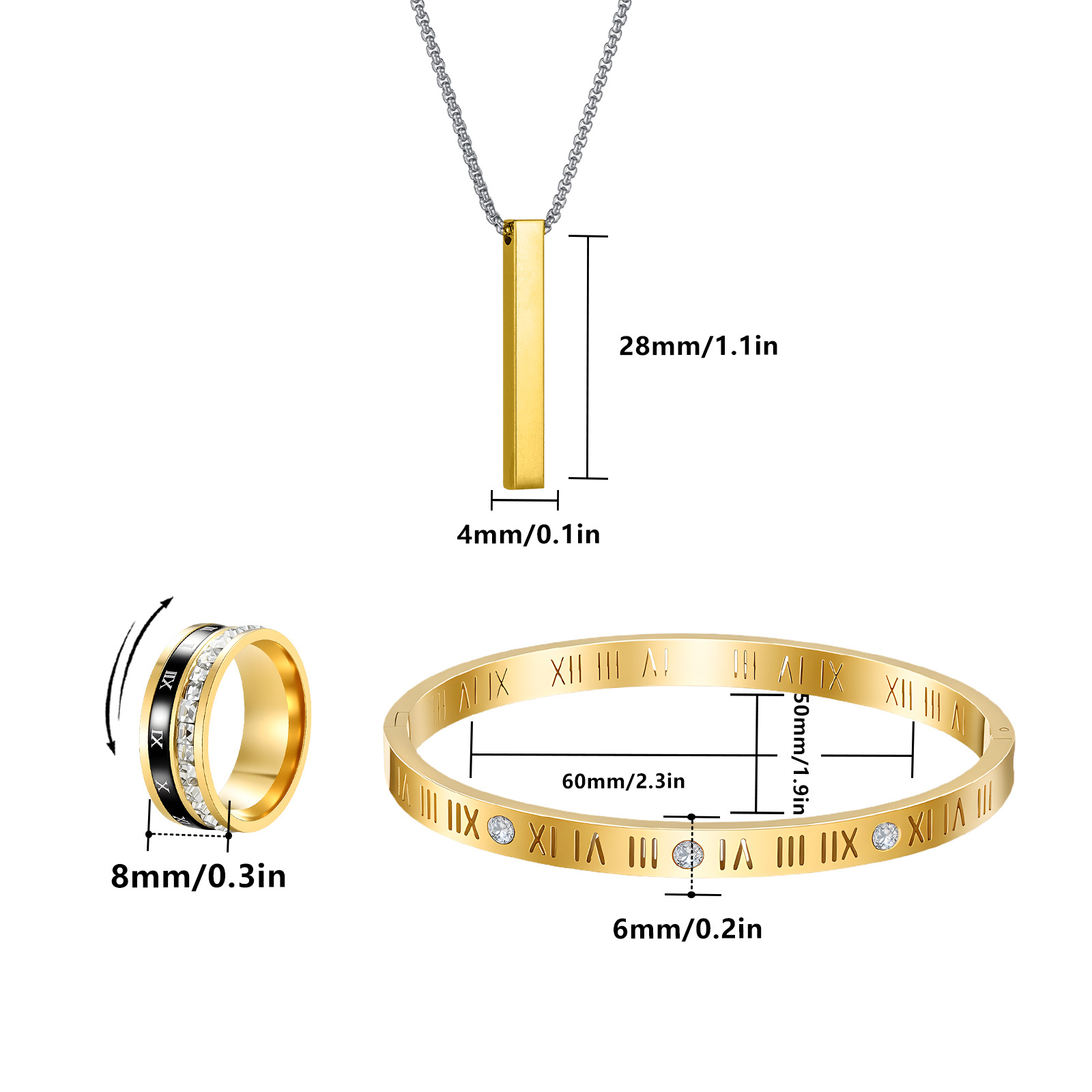 Three pieces of fashionable stainless steel rings, bracelets and necklaces with Roman numerals for cross-border European and American women Application Scenario
