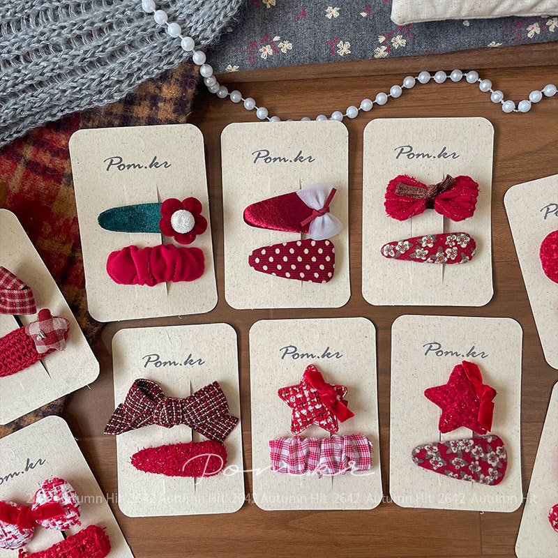 Nueva versión coreana otoño invierno dulce rojo atado arco clip de pelo niños hecho a mano paño lateral pelo roto clip flequillo mujer Pom.kr rojo atado clip de pelo conjunto estrella arco cuadros otoño invierno dulce chica delicado Specification image