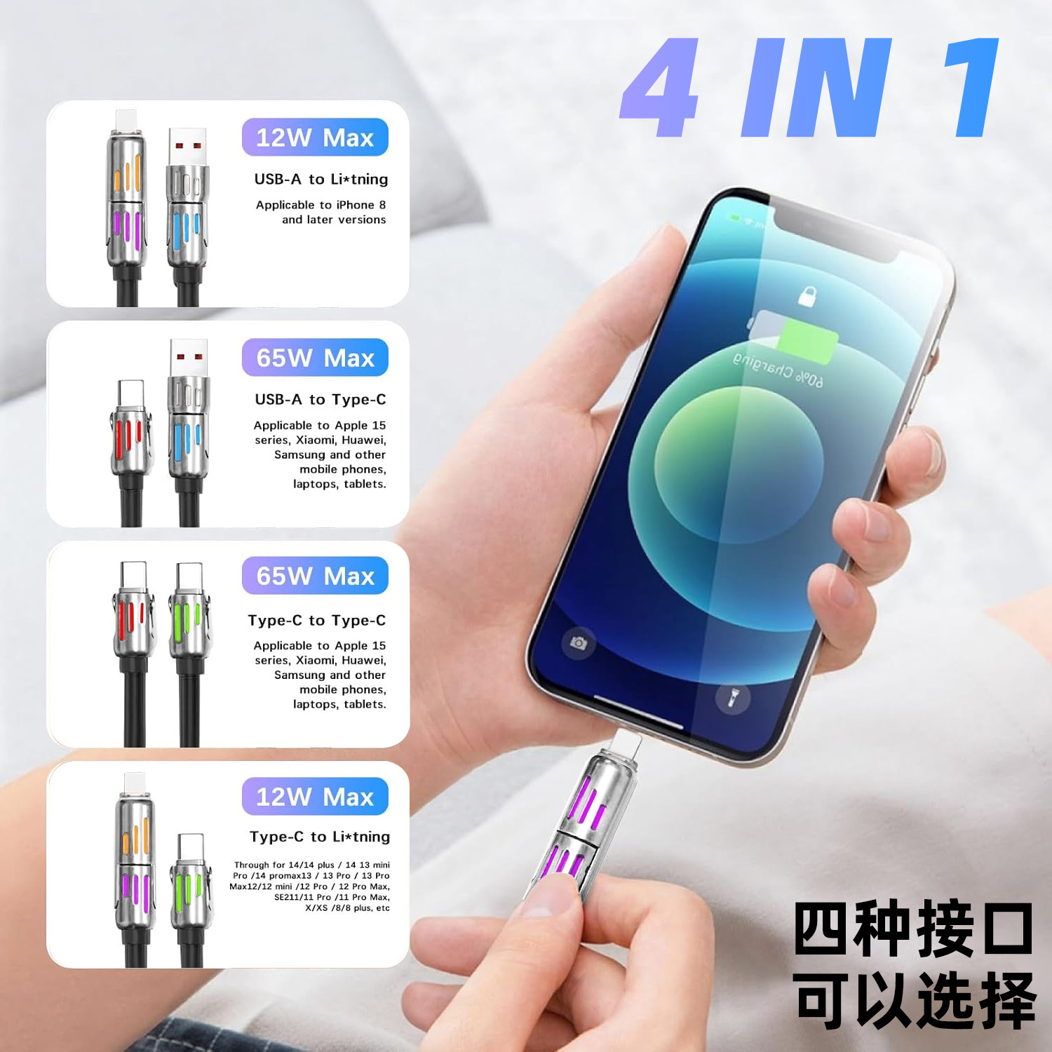 New type of light column four-in-one data cable 65W+12W seven-color atmosphere breathing lamp two-drag two-zinc alloy silicone wire Application Scenario