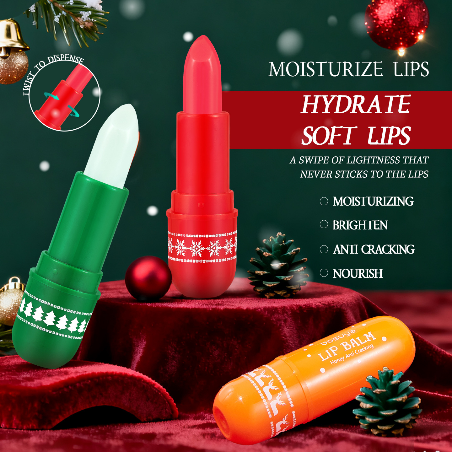 【 Cross-border Exclusive 】bosuya Christmas Lip Balm Set: Exfoliating, Reducing Lip Lines, Hydrating and Moisturizing Lip Balm details Picture