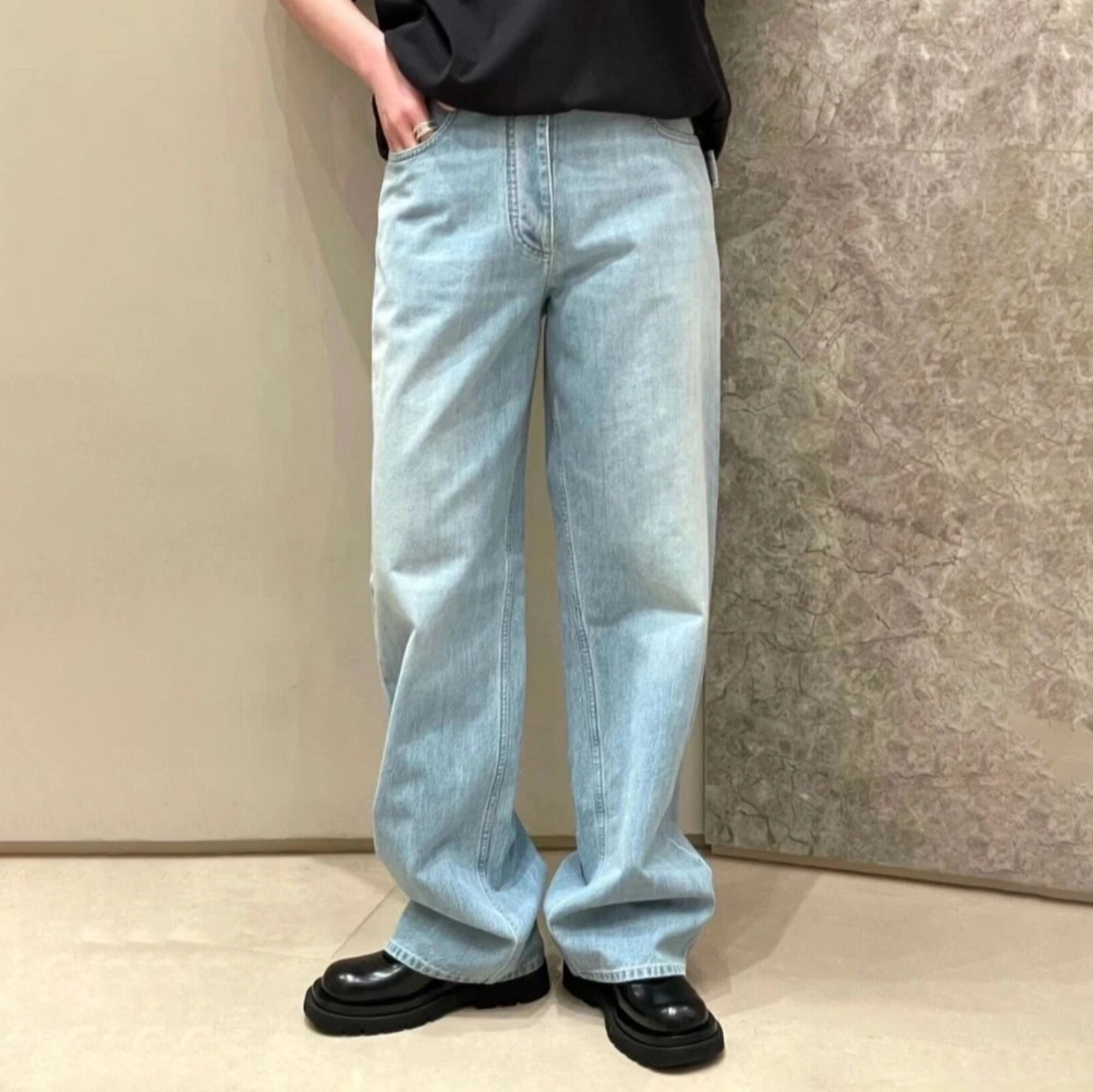 绿牌冰蓝浅色水洗cleanfit休闲宽松直筒纯棉男女款牛仔长裤