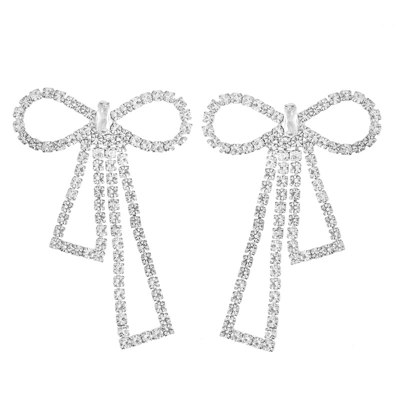 European and American cross-border Korean version hollowed-out bow rhinestone earrings, feminine, light luxury and sweet banquet diamond-encrusted earrings wholesale Item Picture