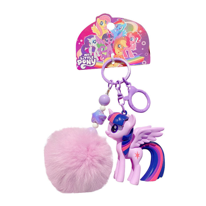 Baimao genuine cute and soft injection-molded figurine keychain bag pendant, My Little Pony hairball keychain pendant for women Item Picture