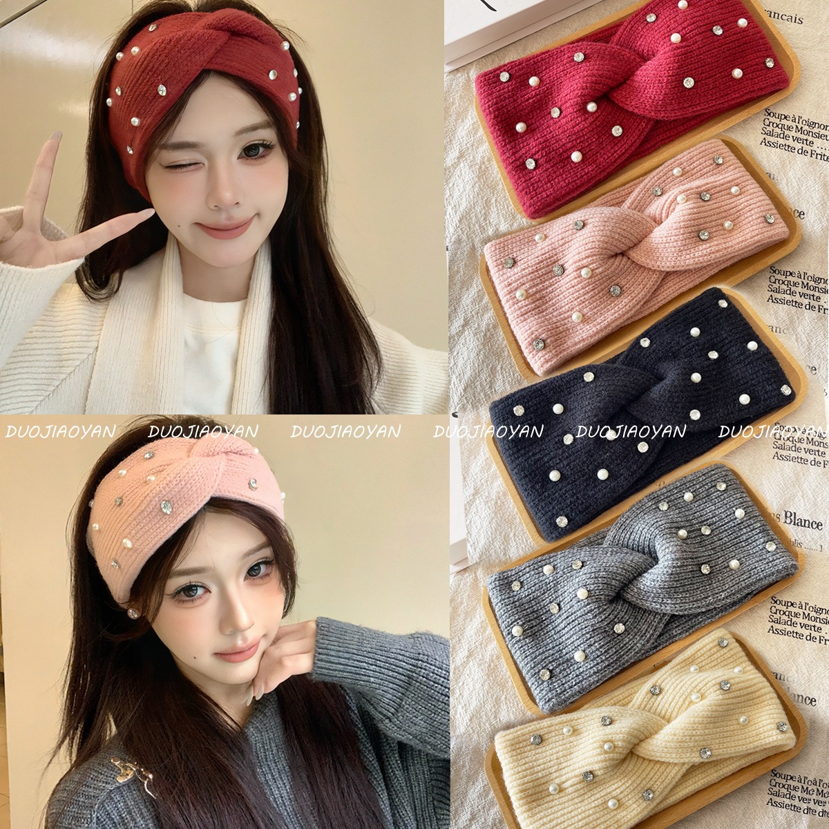 A fashionable and warm knitted cross headscarf featuring a new autumn and winter pearl woolen hair band with elastic edges for cold protection details Picture