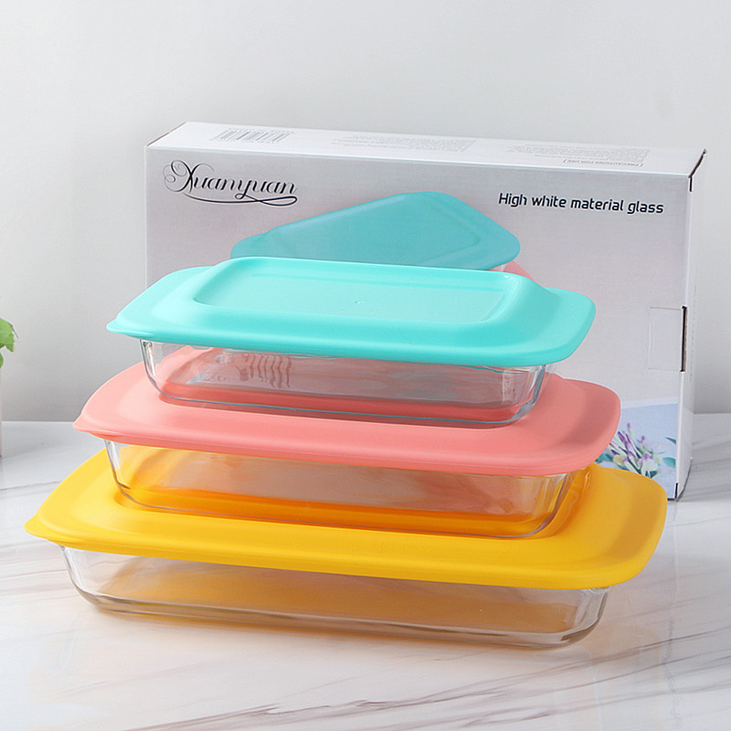 Wholesale of three-piece rectangular heat-resistant glass baking trays with LIDS for home kitchen steaming and roasting fish plates and tableware details Picture