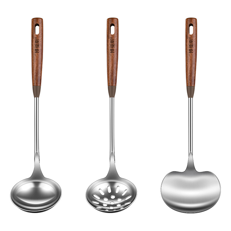 乌檀木304不锈钢锅铲食品级家用炒菜铲子锅铲木柄把厨具铲勺套装白底实物图