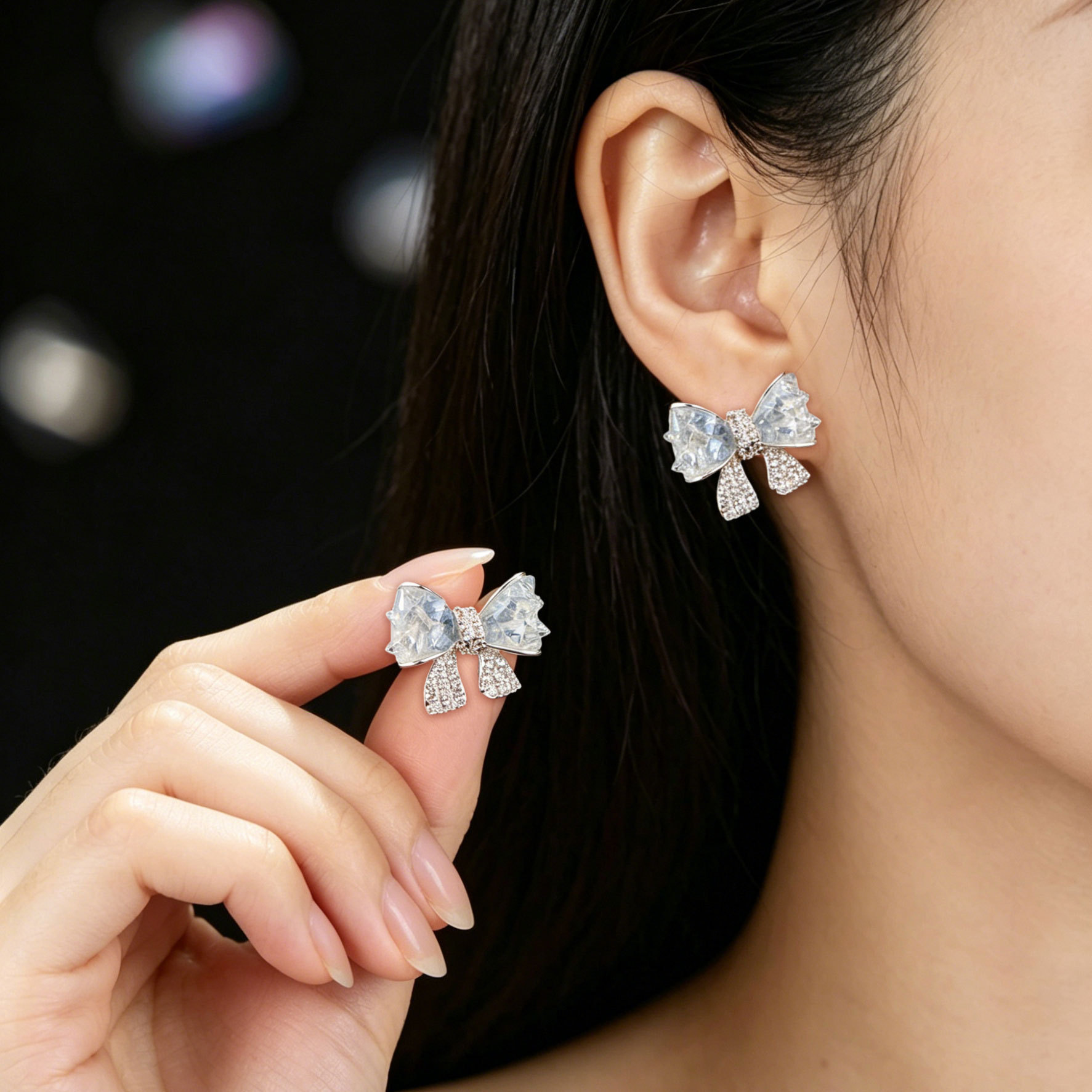 Verano hielo a través de gradiente cristal arco aretes aleación de cobre con zirconio s925 agujas de plata reducción de edad universal luz de lujo orejas