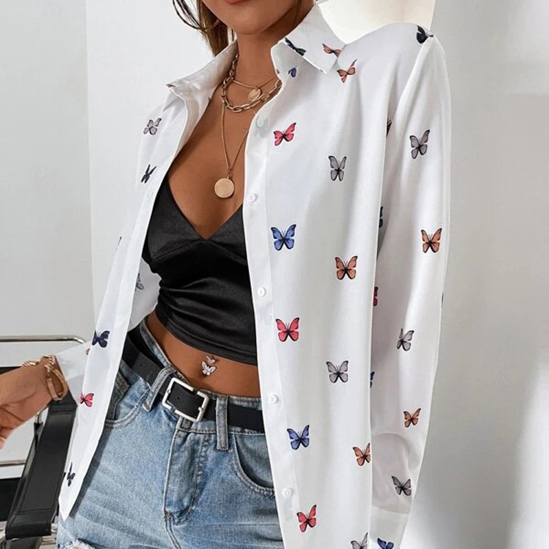 European and American AliExpress women's top, fashionable printed long-sleeved shirt, butterfly printed lapel shirt for women Application Scenario