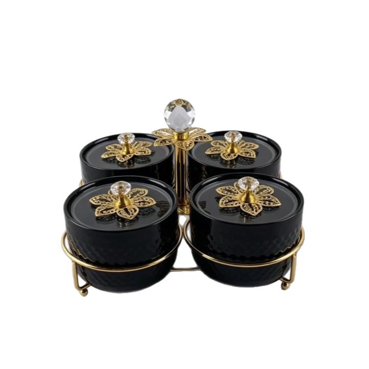 High-quality appearance level four-compartment ceramic snack can, crystal handle nut storage box, wedding souvenir fruit box supply Item Picture