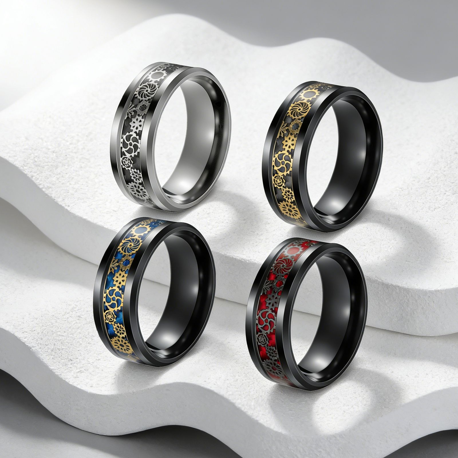 Wholesale of fashionable and personalized carbon fiber gear stainless steel rings for men and women, oil-dripping titanium steel jewelry rings from the manufacturer