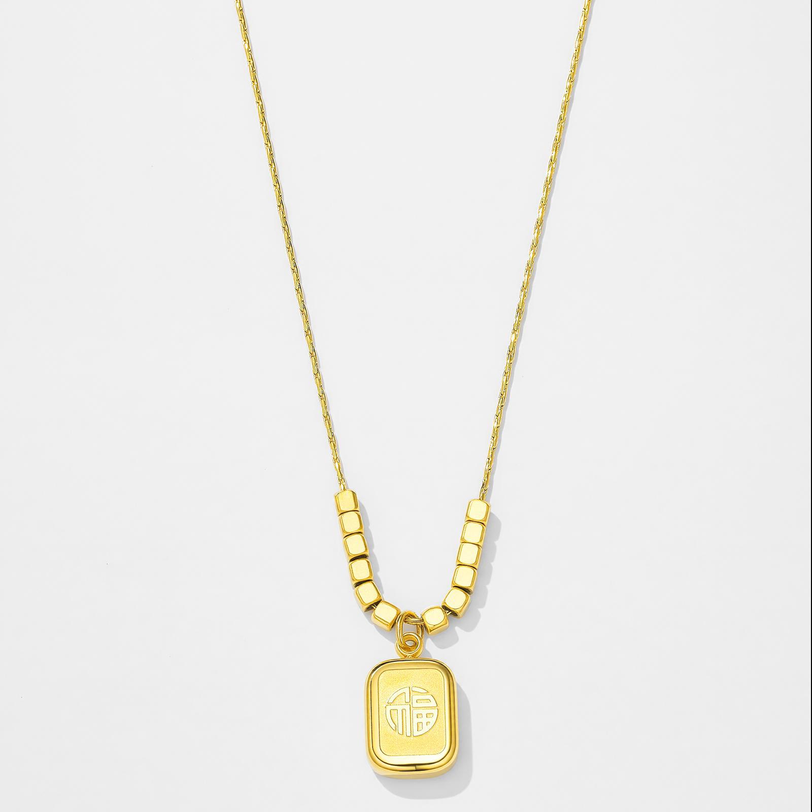 国风镀24K金福字方牌吊坠项链 时尚小方块锁骨链 不锈钢饰品批发详情图3